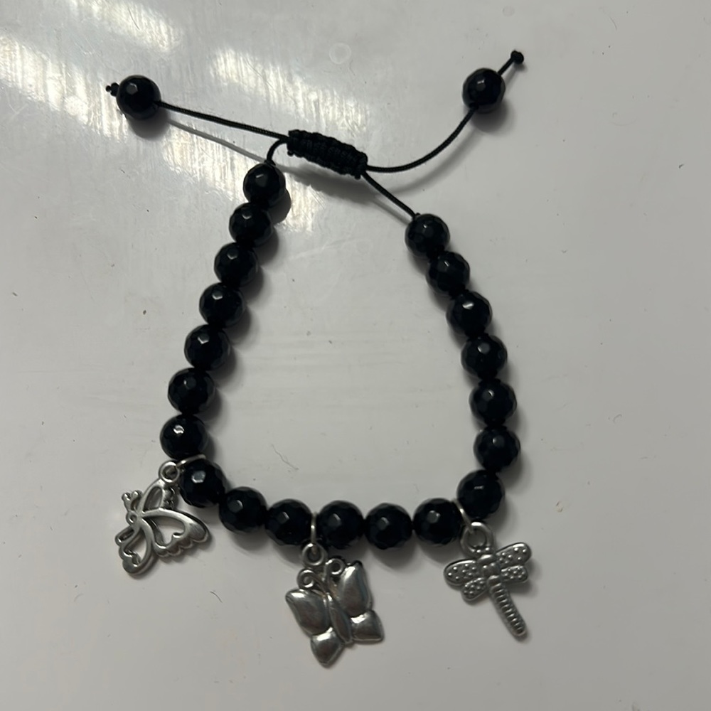 Butterfly Dragonfly Black Onyx Glass Bead 8mm Adjustable String Bracelet